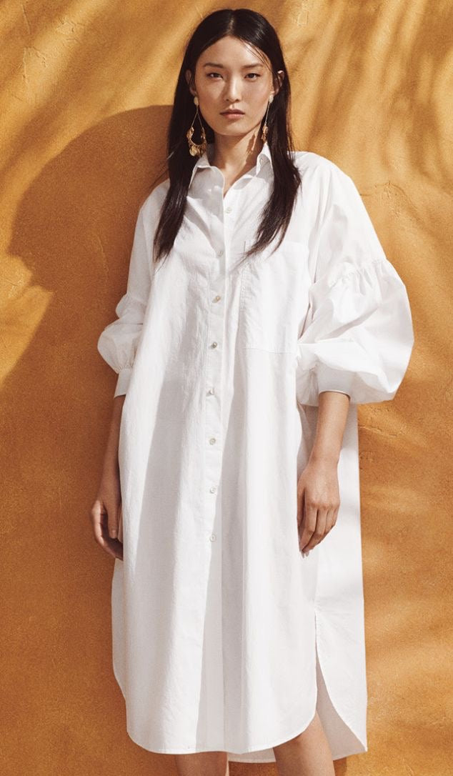 puff sleeve white shirt dress ASOS EDITION eyelet midi shirt dress with puff sleeve in white