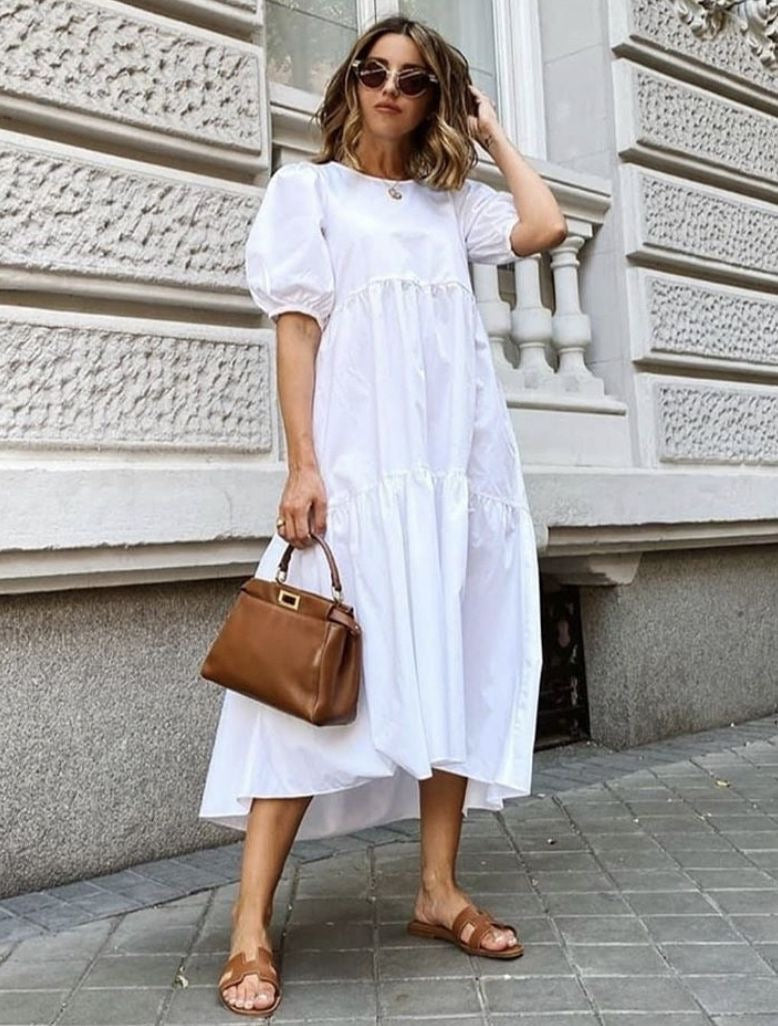 white dress with puff sleeves Maxi Dress One Piece