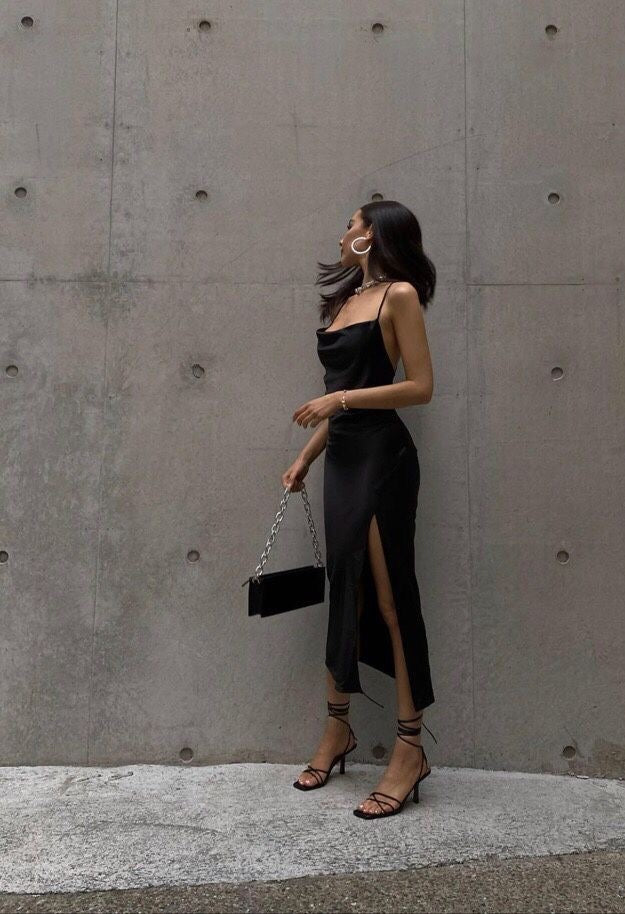 Black Calf Length Slit Satin Dress Modern Dress for Women LabelbyAnuja Black Calf Length Slit Satin Dress Modern Dress for Women LabelbyAnuja