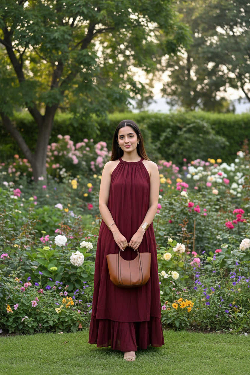 Maroon Mulmul Blooming Maxi Dress