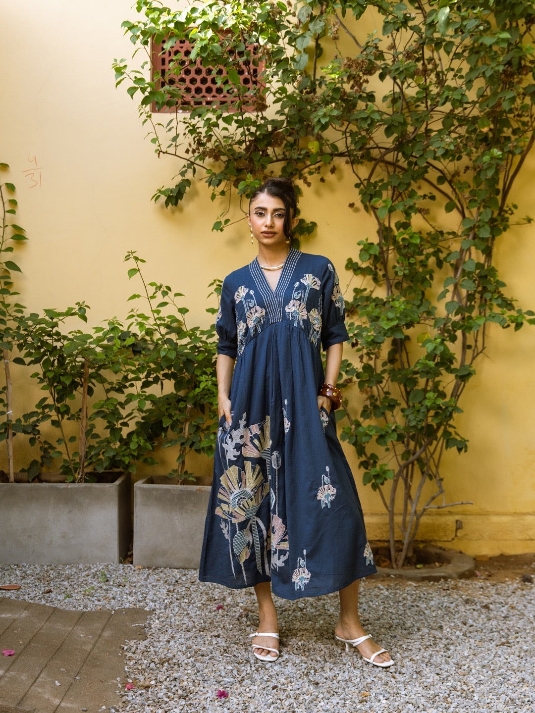 Embroidery Nav Maxi Dress