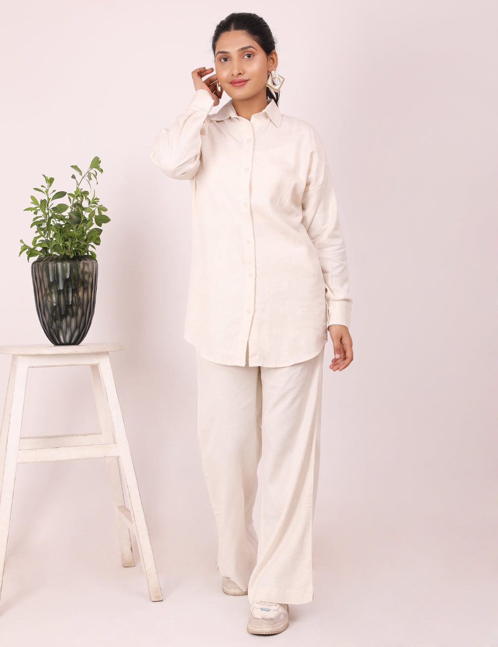 Cream Linen Full Pants