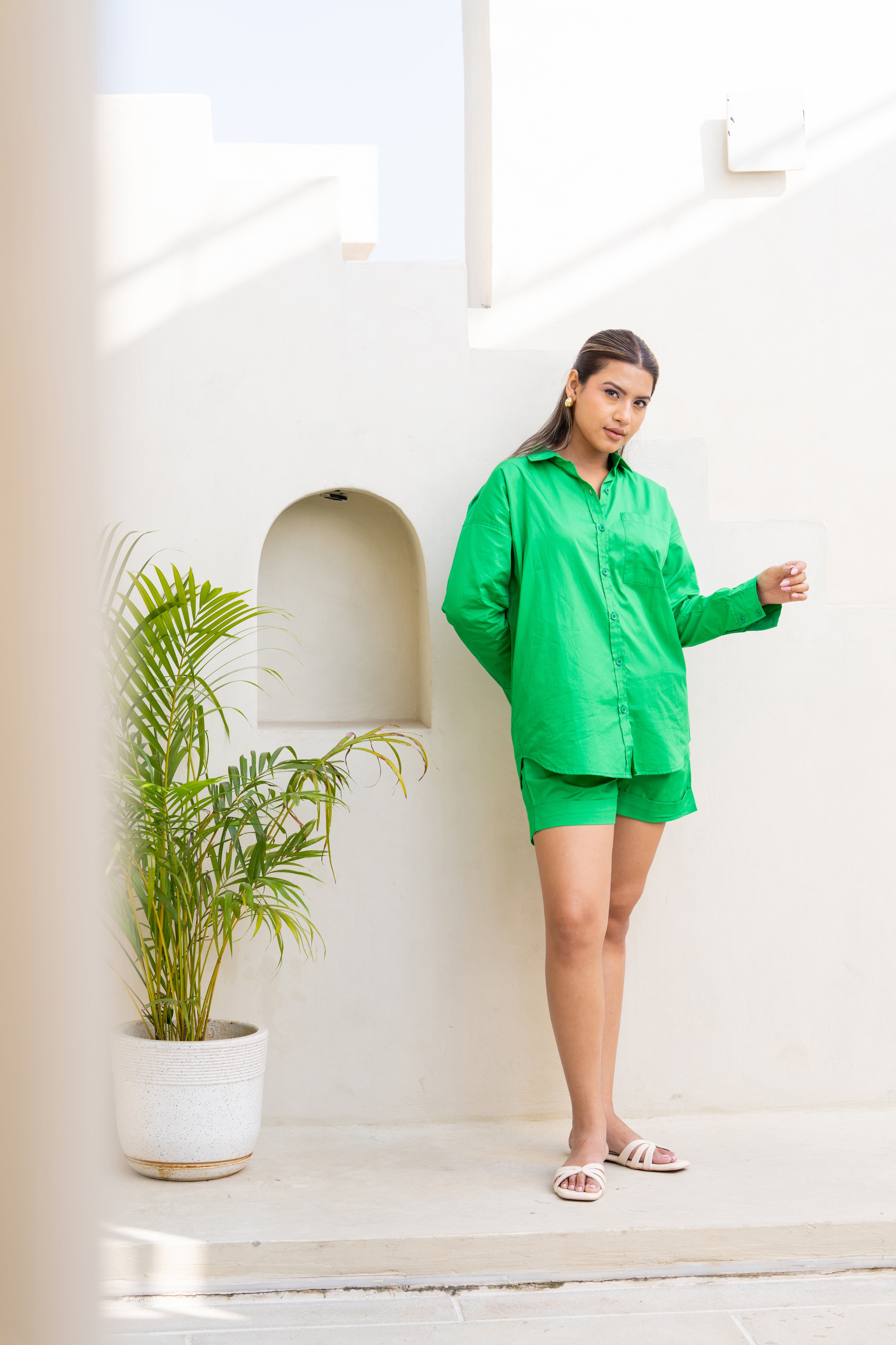 Hot Green Oversized Cotton Shirt for women
