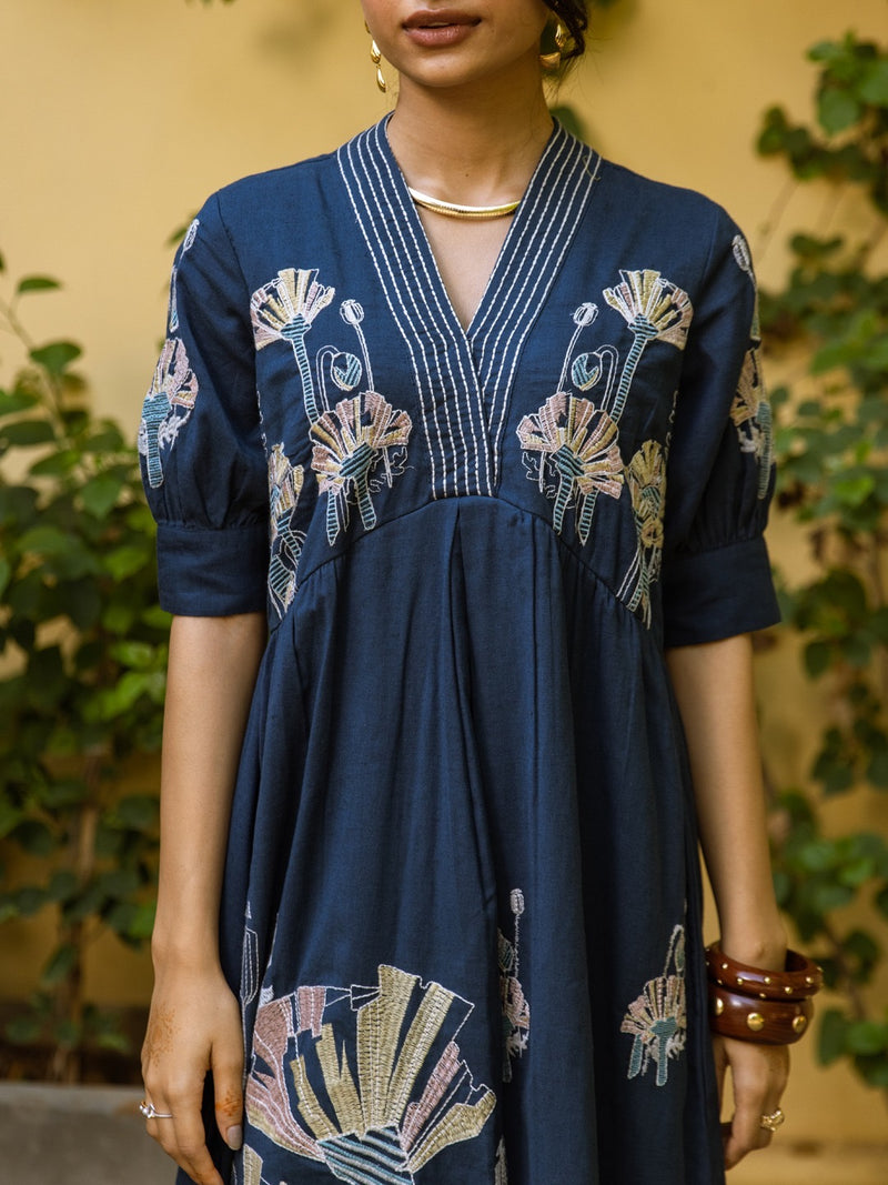 Embroidery Nav Maxi Dress