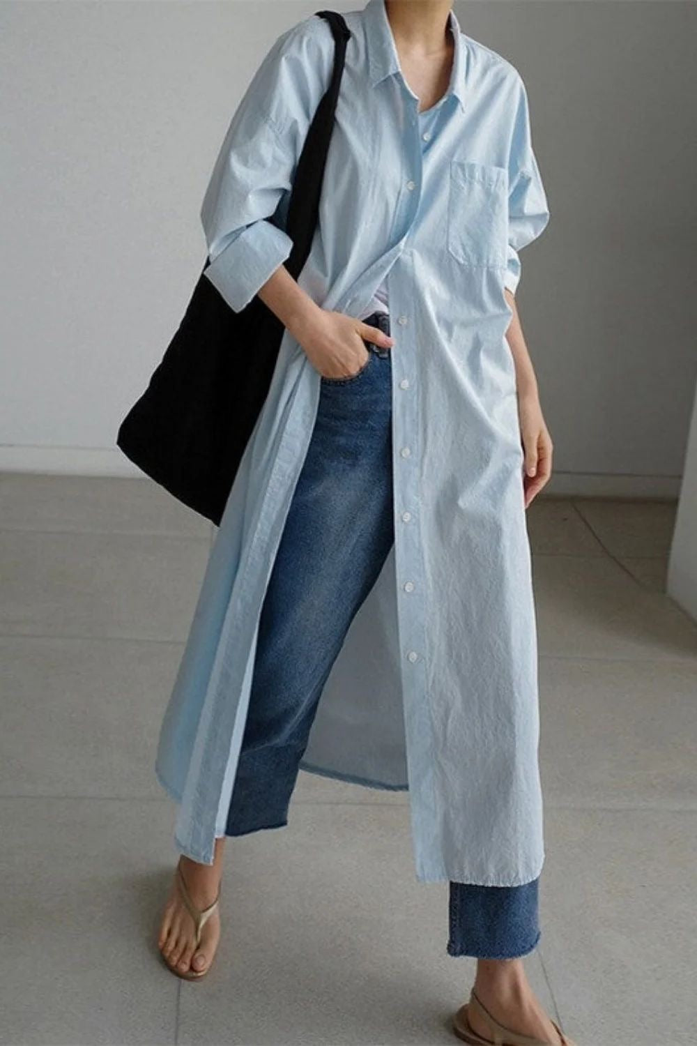 Sky Blue Mulmul Long Shirt Dress
