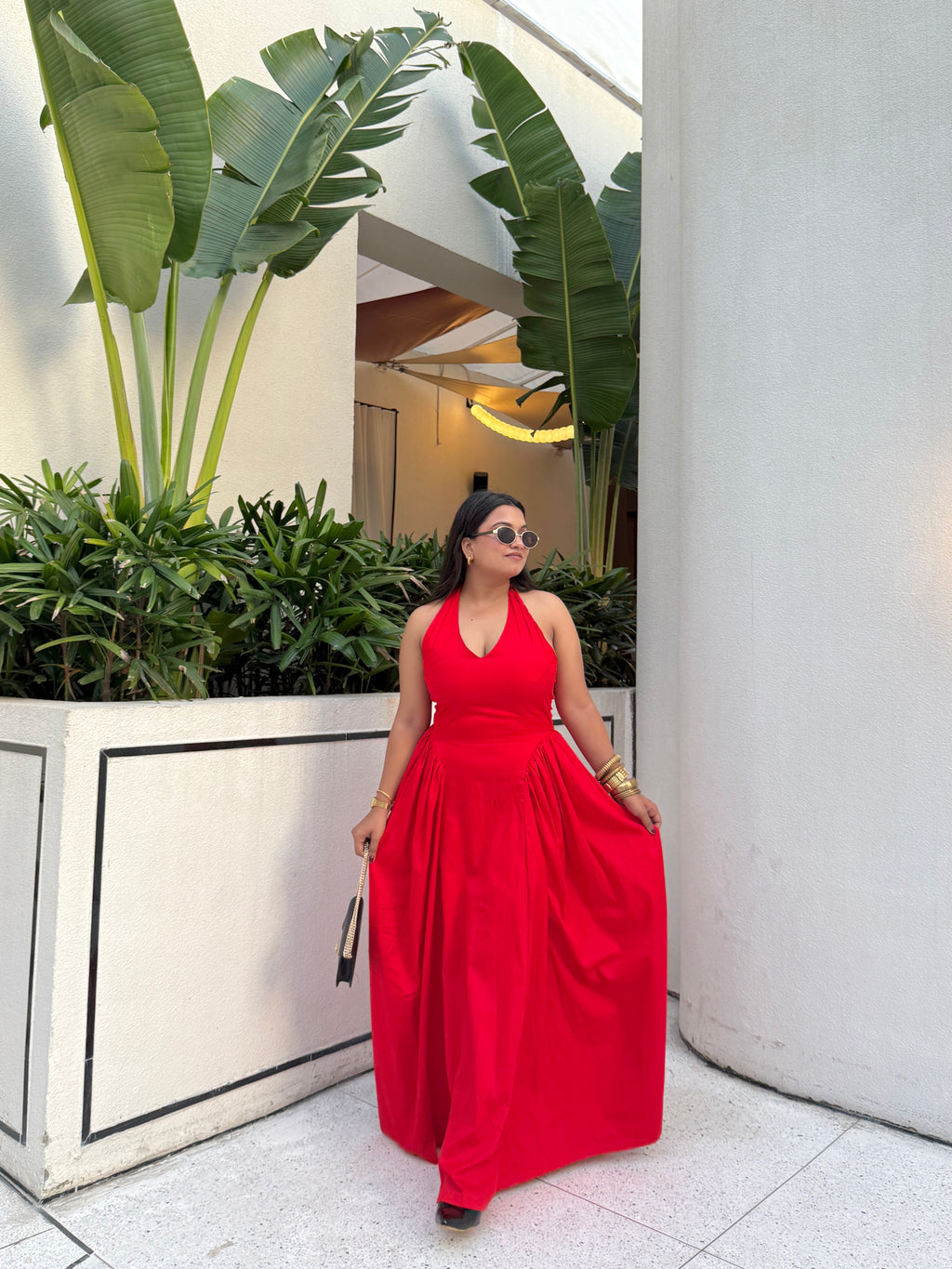 Red Halter Gathered Dress