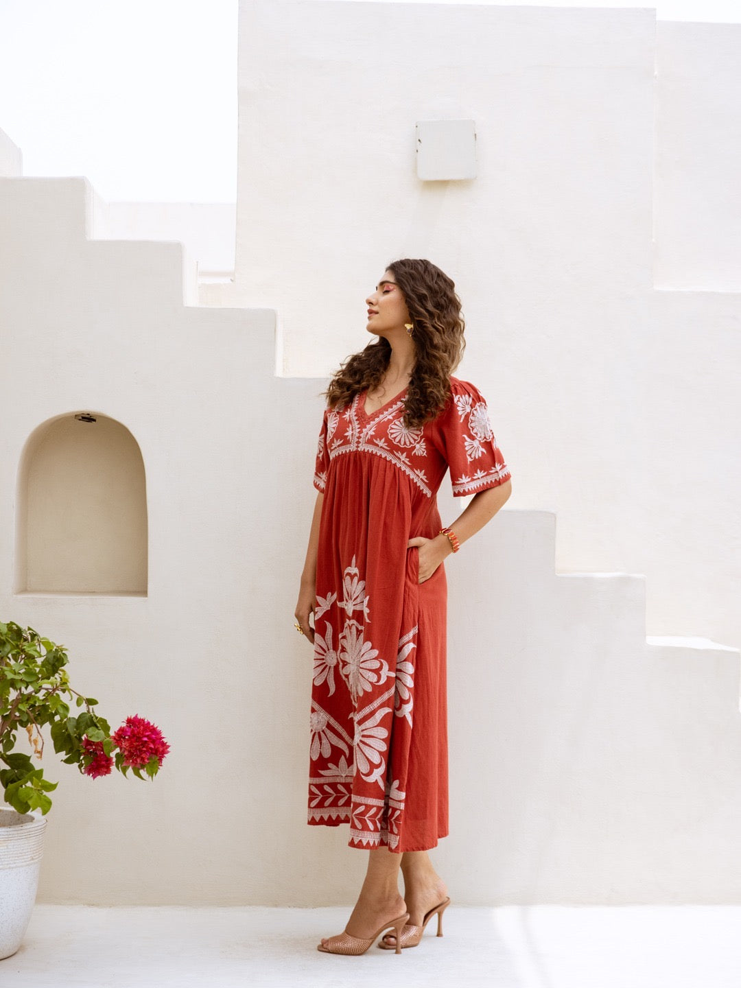 Rust Embroidery Maxi Dress