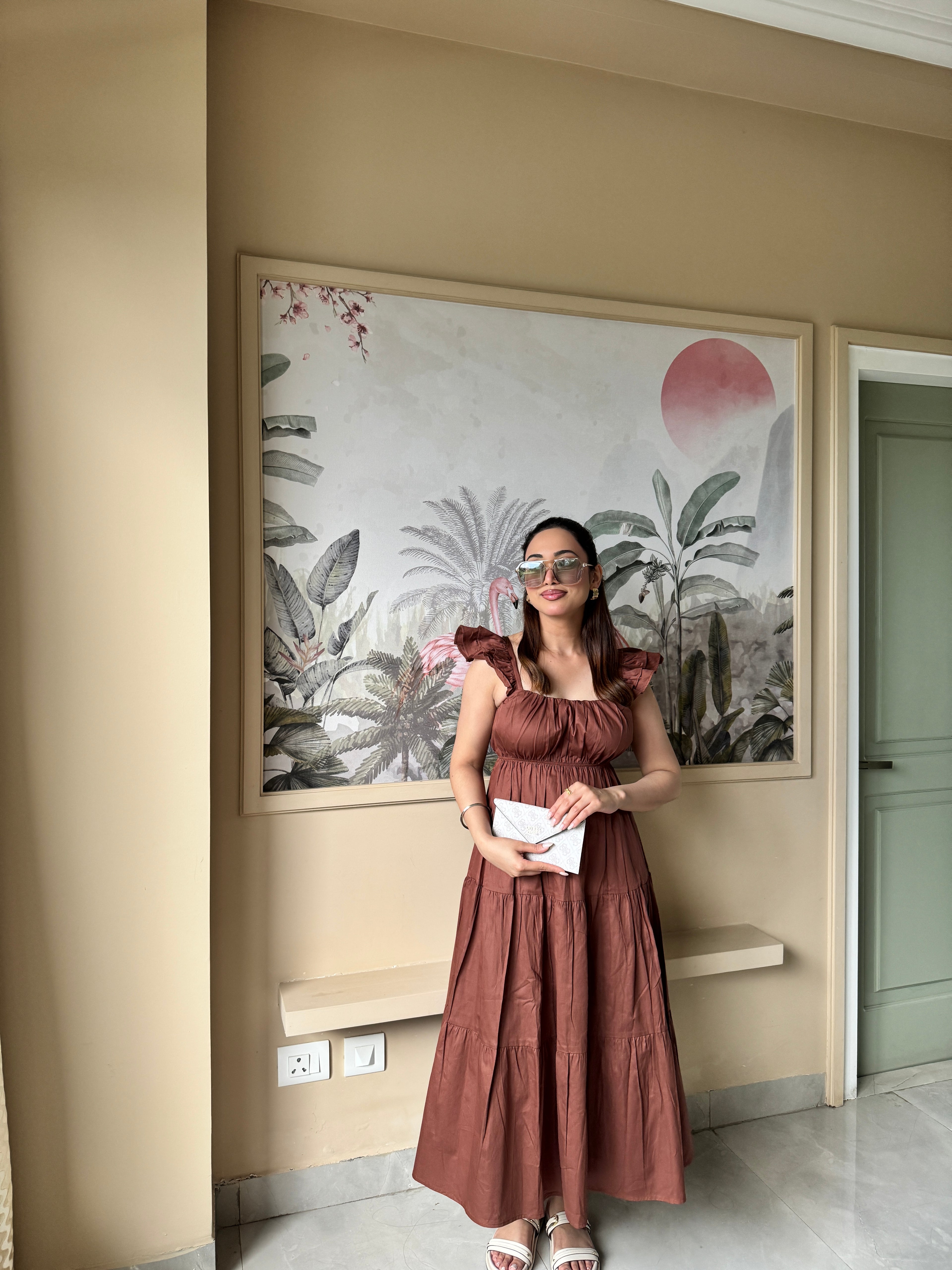 Brown Frill Maxi Dress