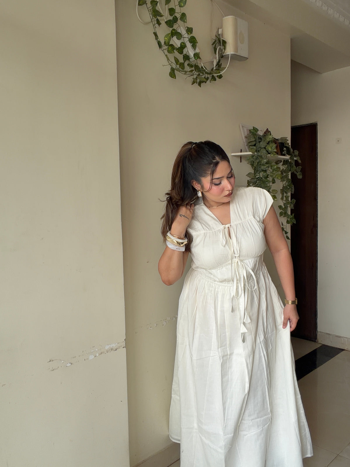 White Mulmul String Maxi Dress