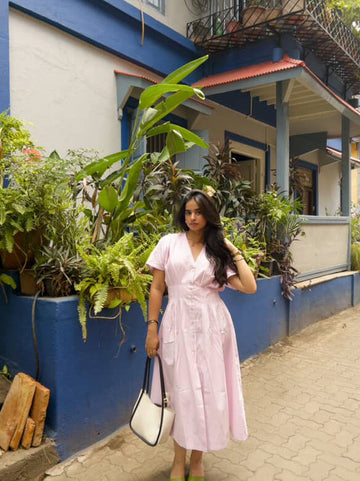 Nayra Pink Pleated Stripe Maxi Dress