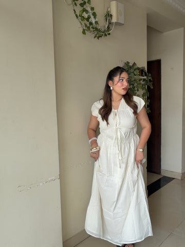 White Mulmul String Maxi Dress
