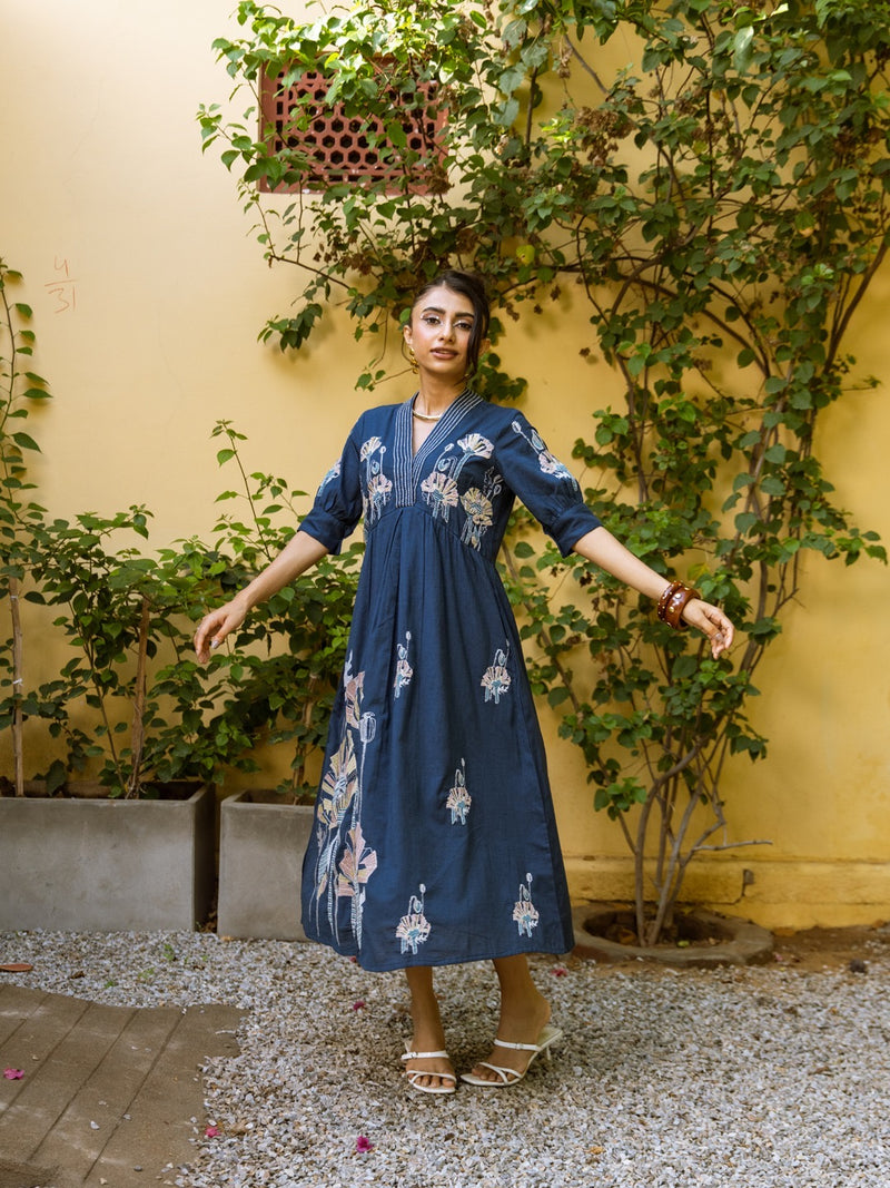 Embroidery Nav Maxi Dress