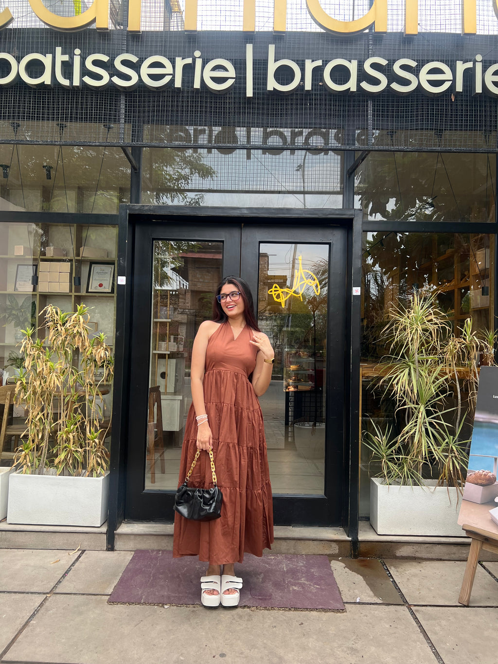 Brown Halter Neck Maxi Dress