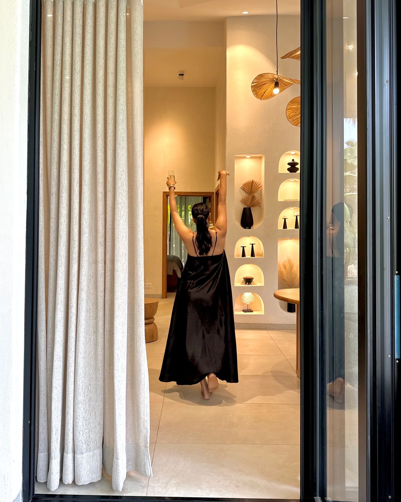 Black Flared Satin Dress with Dupatta