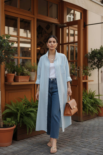Sky Blue Mulmul Long Shirt Dress