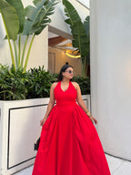 Red Halter Gathered Dress