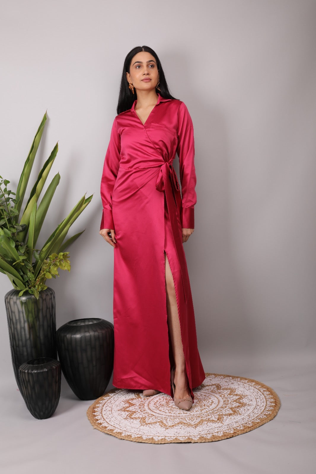 Hot Pink Satin Wrap Dress