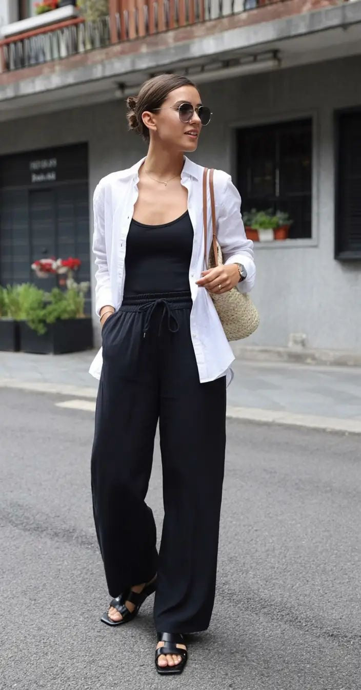 White Oversized with Black Linen Pants Coord Set