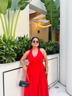 Red Halter Gathered Dress