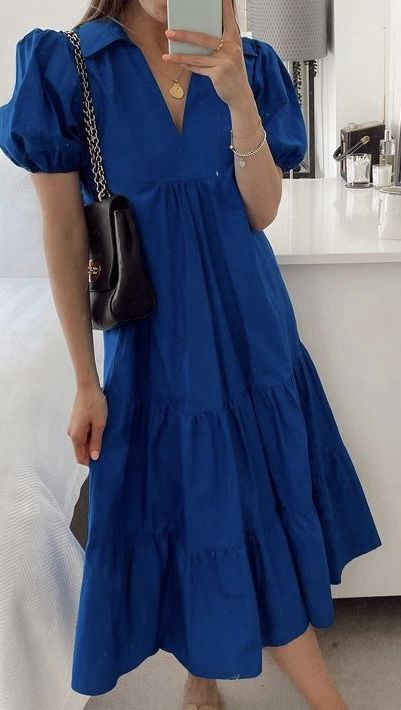 Hot Blue Puff Mul Maxi Dress
