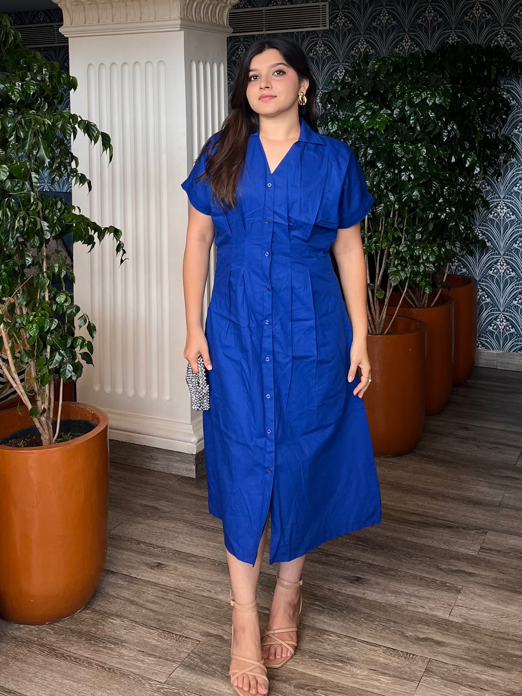 Blue Pleated Buttoned Dress
