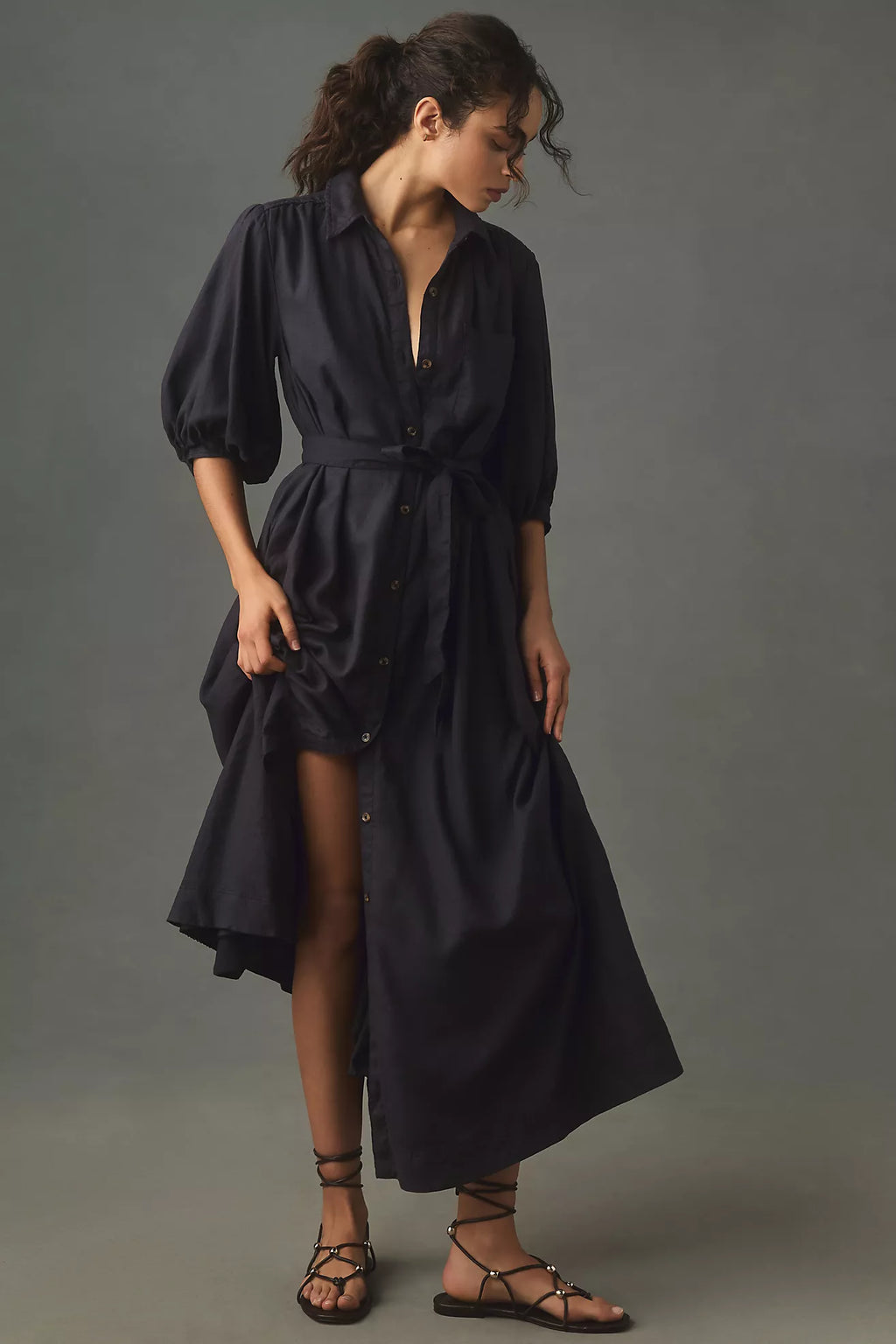 Black Puff Button Maxi Dress