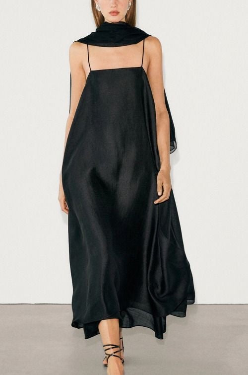 Black Flared Satin Dress with Dupatta