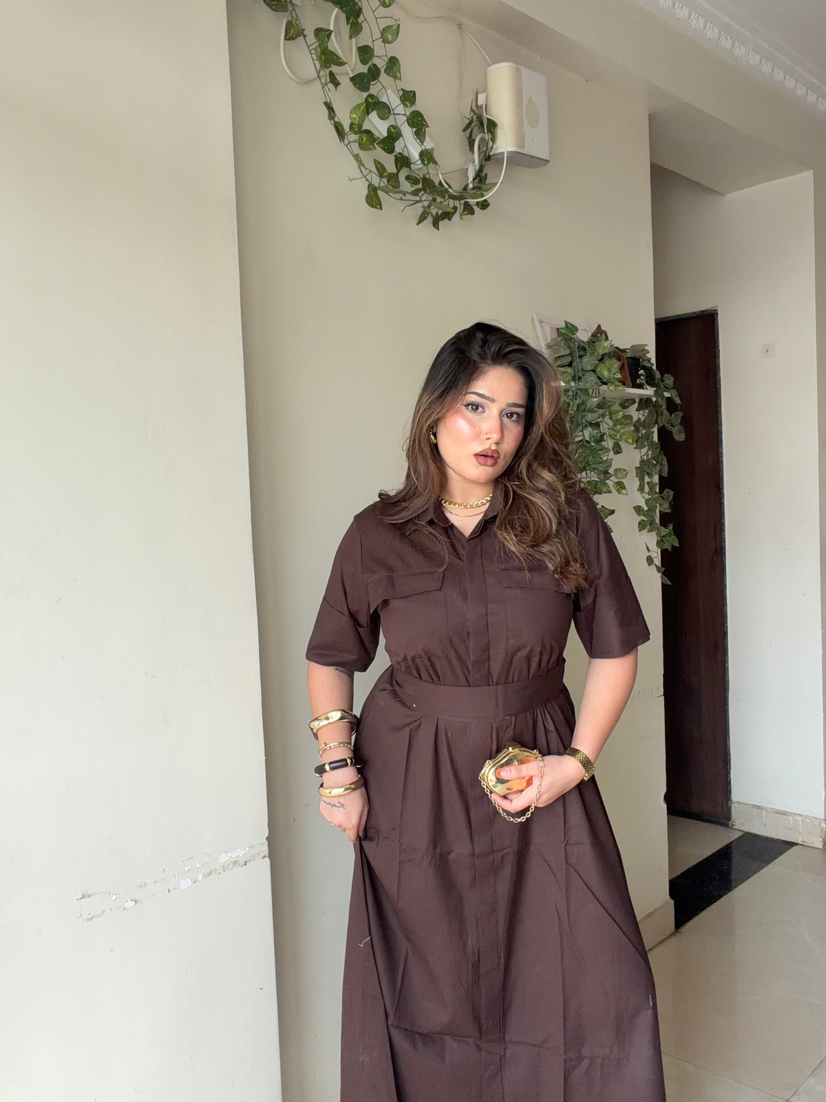 Brown Button  Maxi Dress