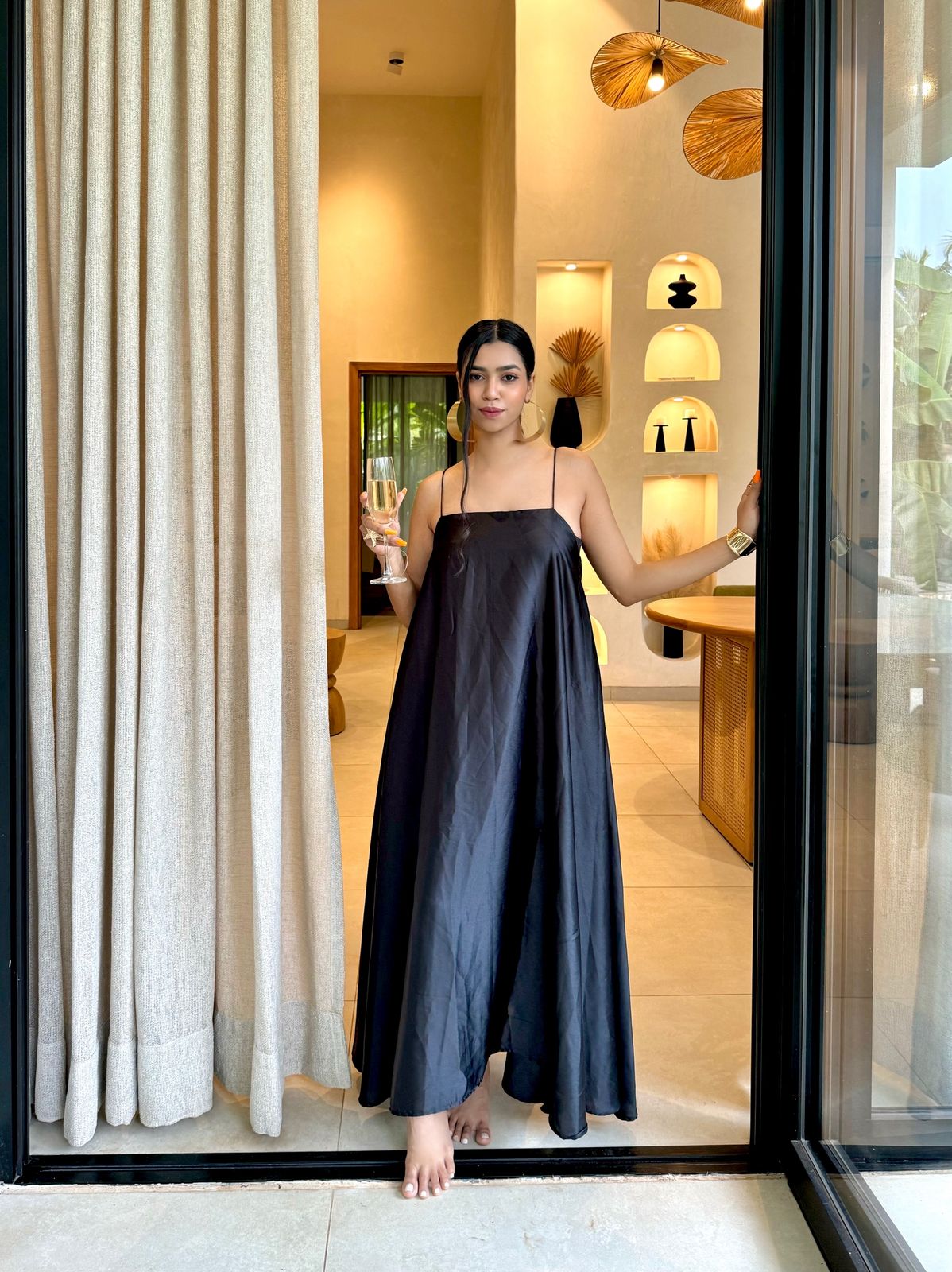 Black Flared Satin Dress with Dupatta