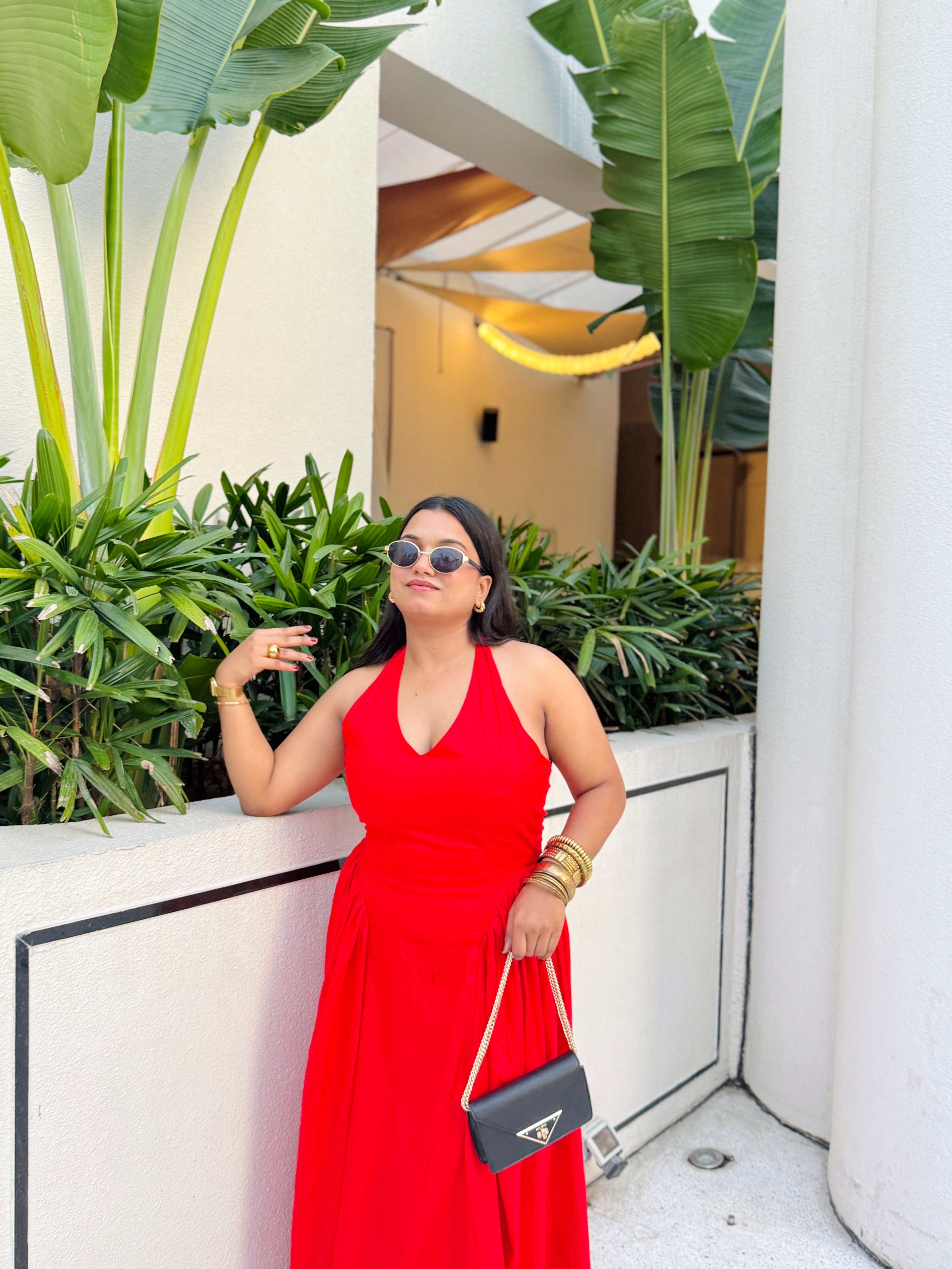 Red Halter Gathered Dress