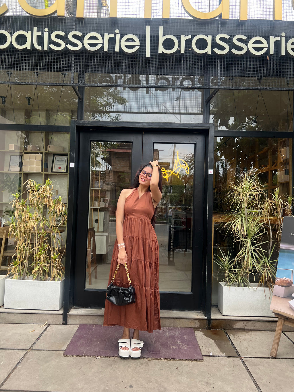 Brown Halter Neck Maxi Dress