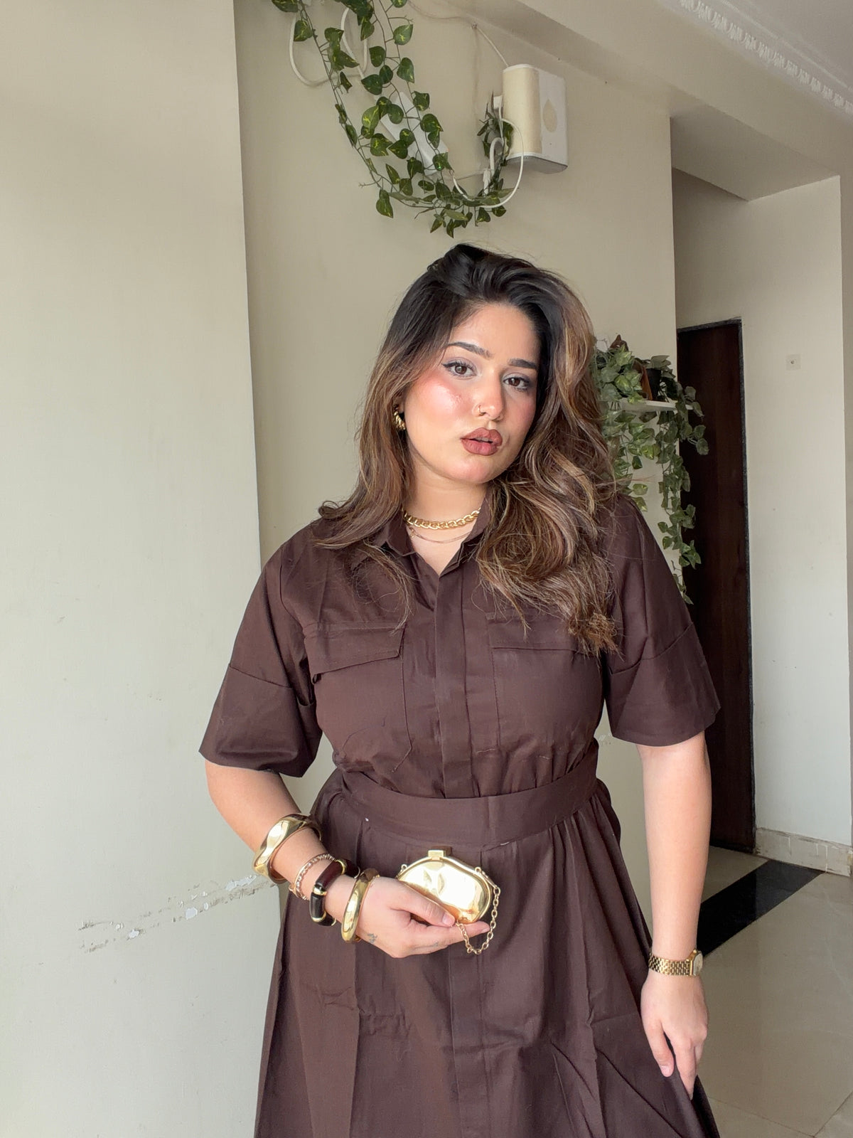 Brown Button  Maxi Dress