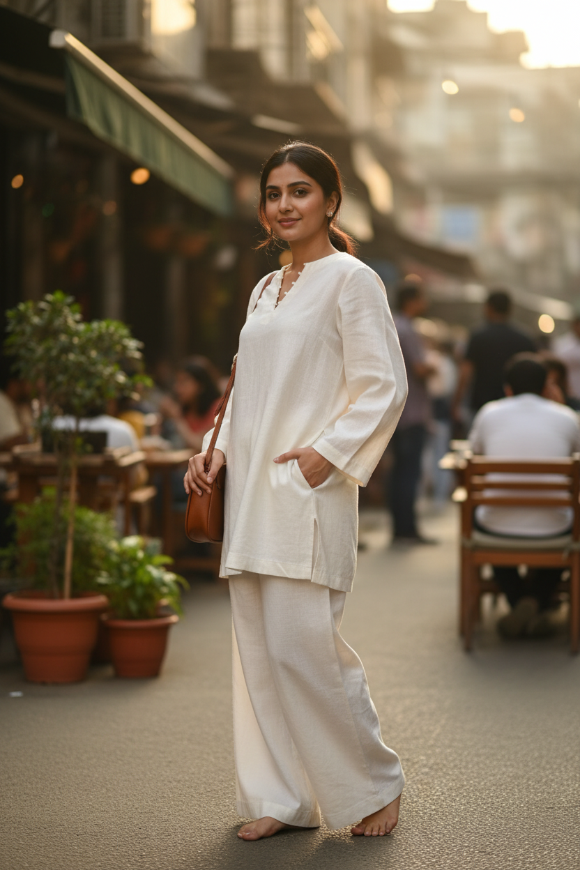 White linen Short Kurta Set