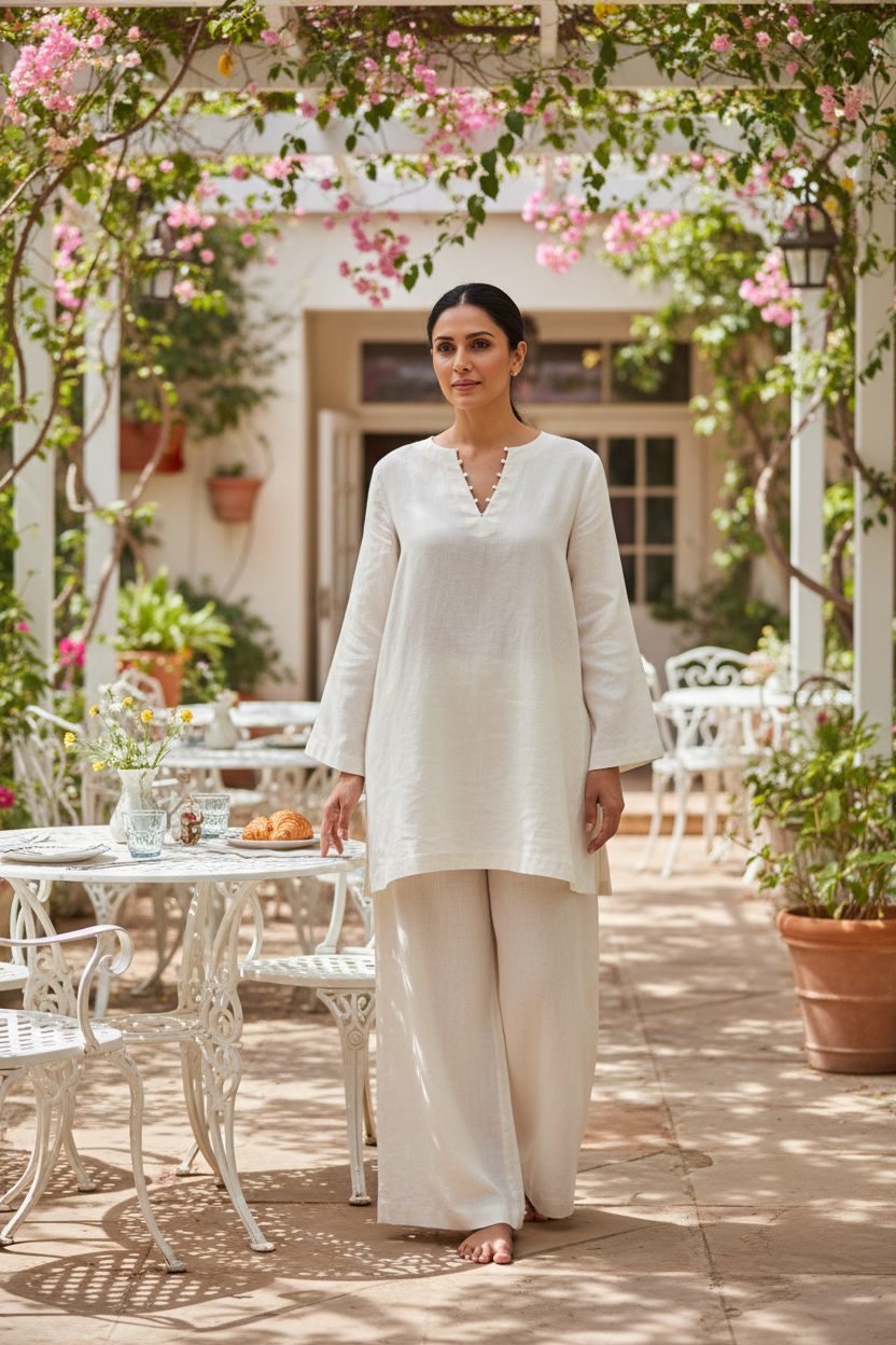 White linen Short Kurta Set