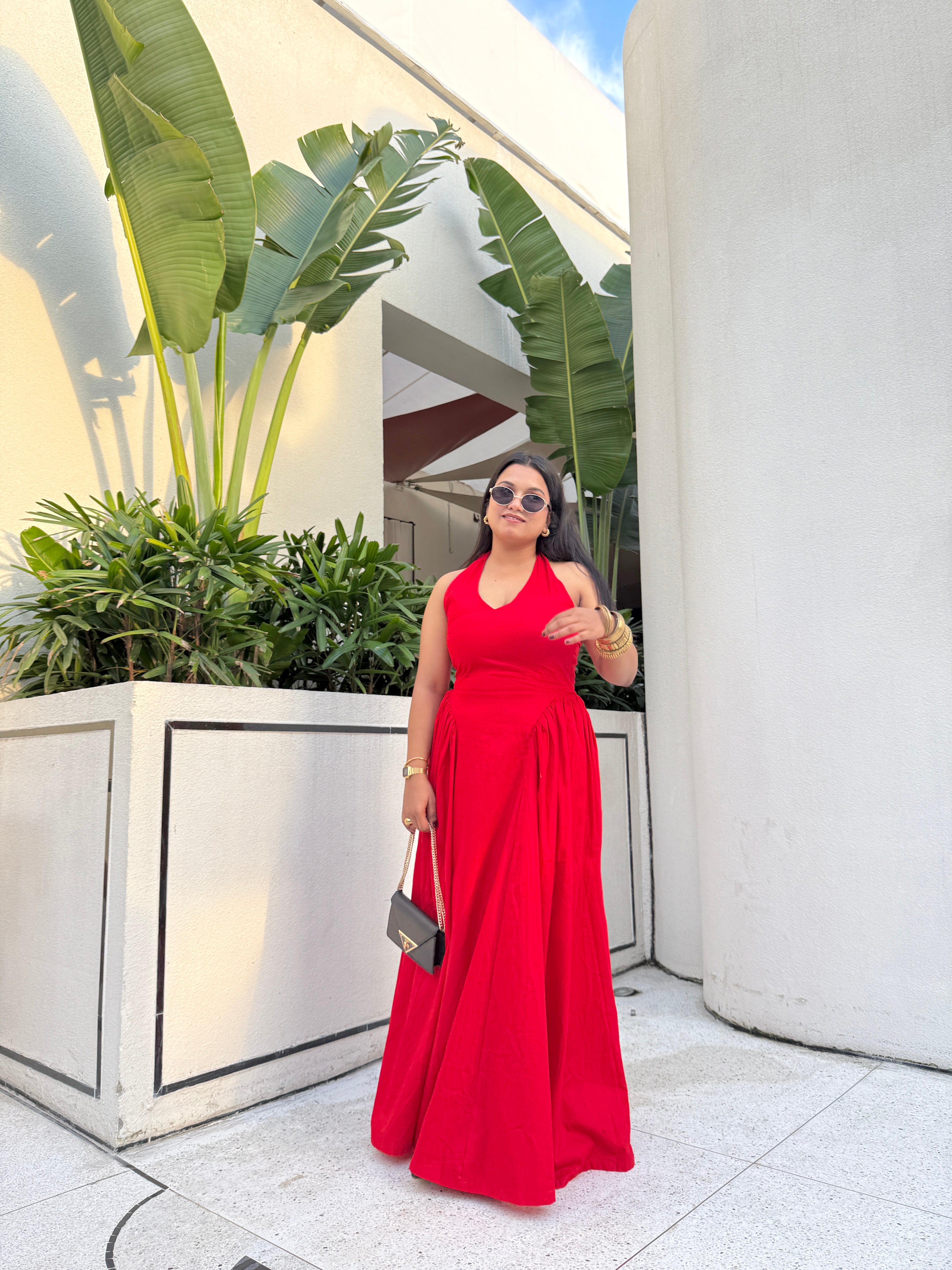 Red Halter Gathered Dress