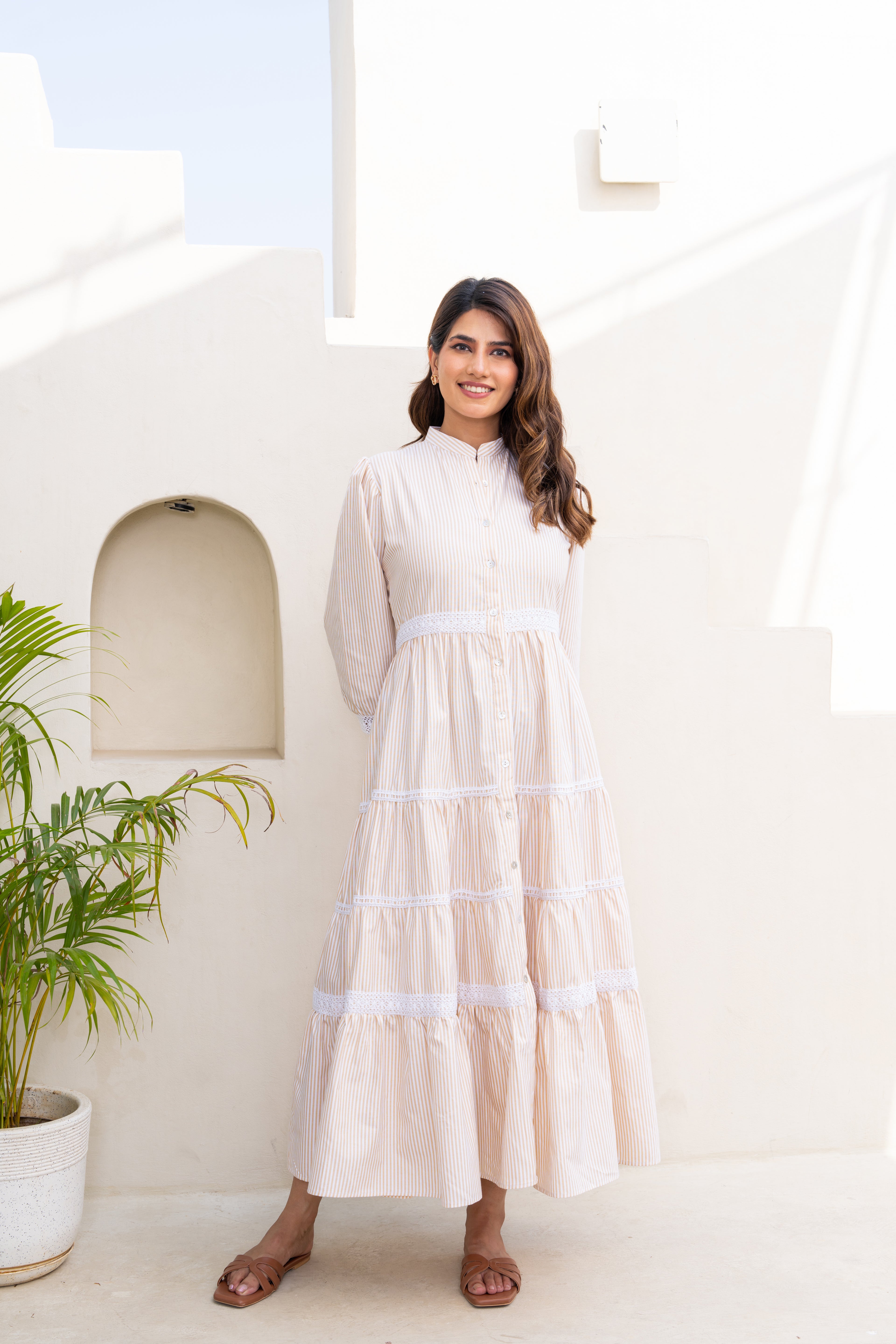 Classy Peach Striped Maxi Dress