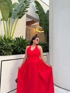 Red Halter Gathered Dress