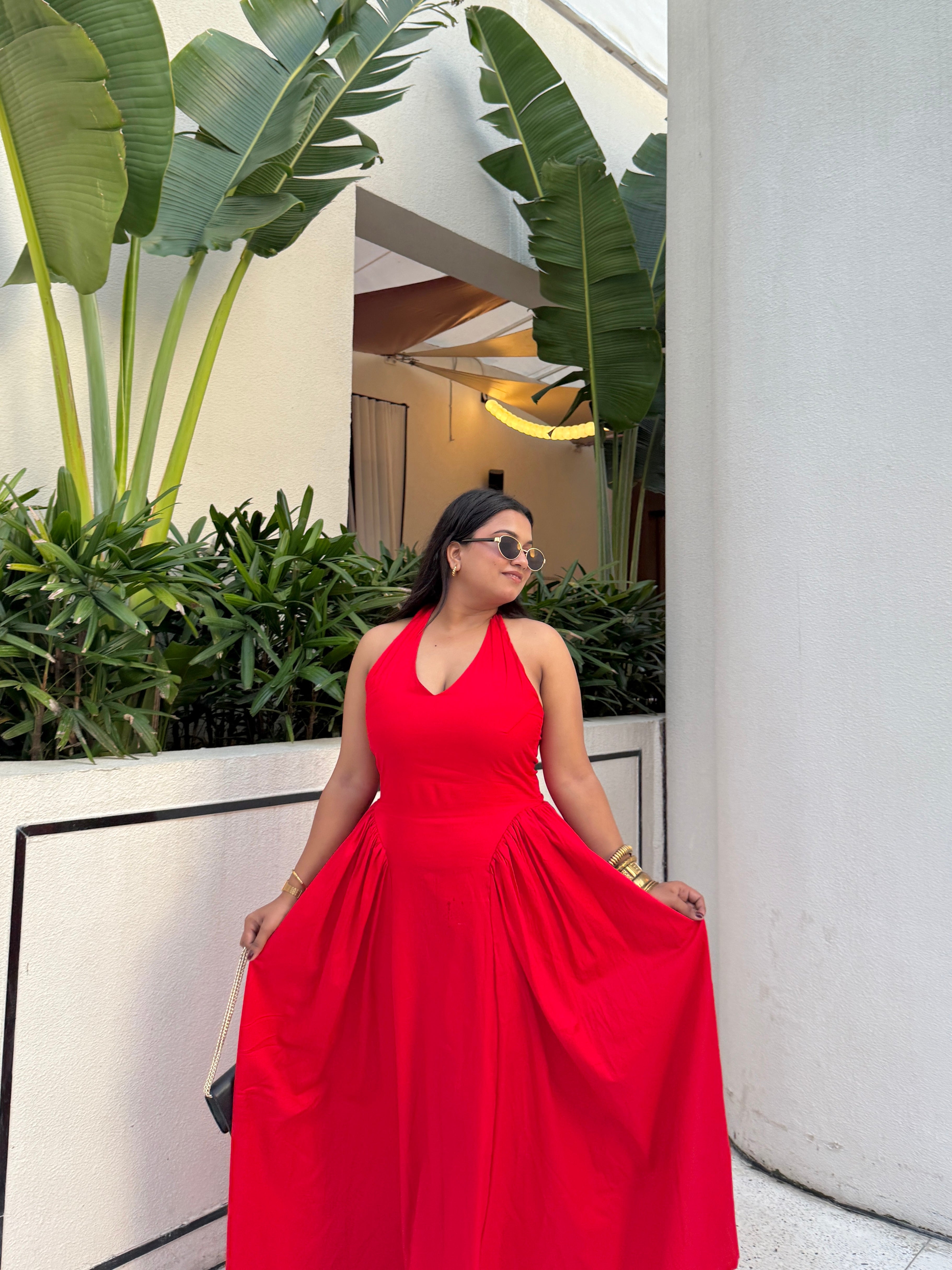 Red Halter Gathered Dress