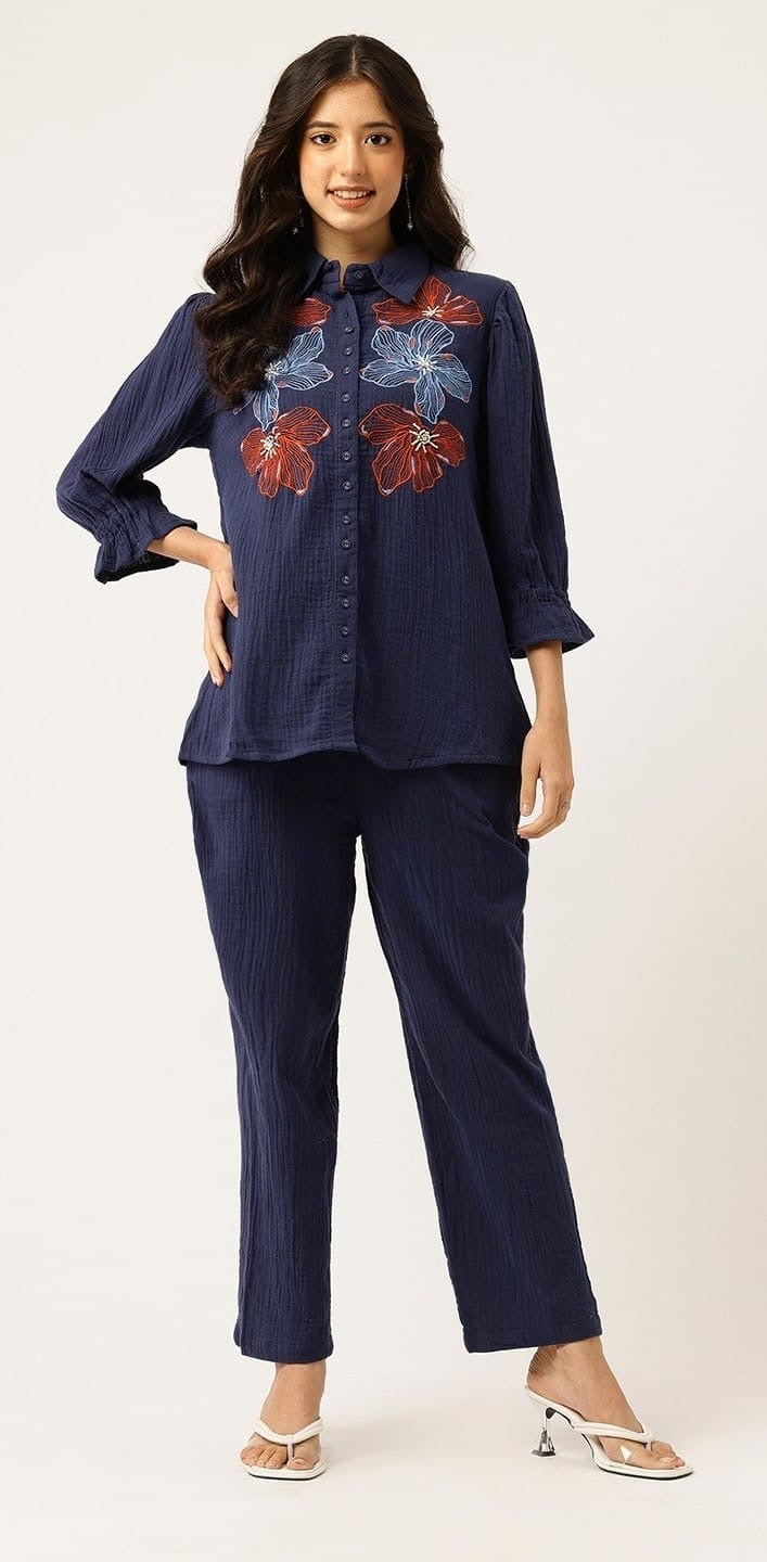 Navy Embroidery Coord Set