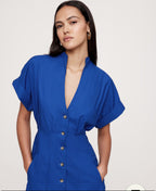 Blue Pleated Buttoned Dress