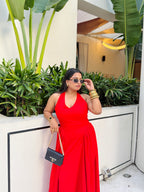 Red Halter Gathered Dress