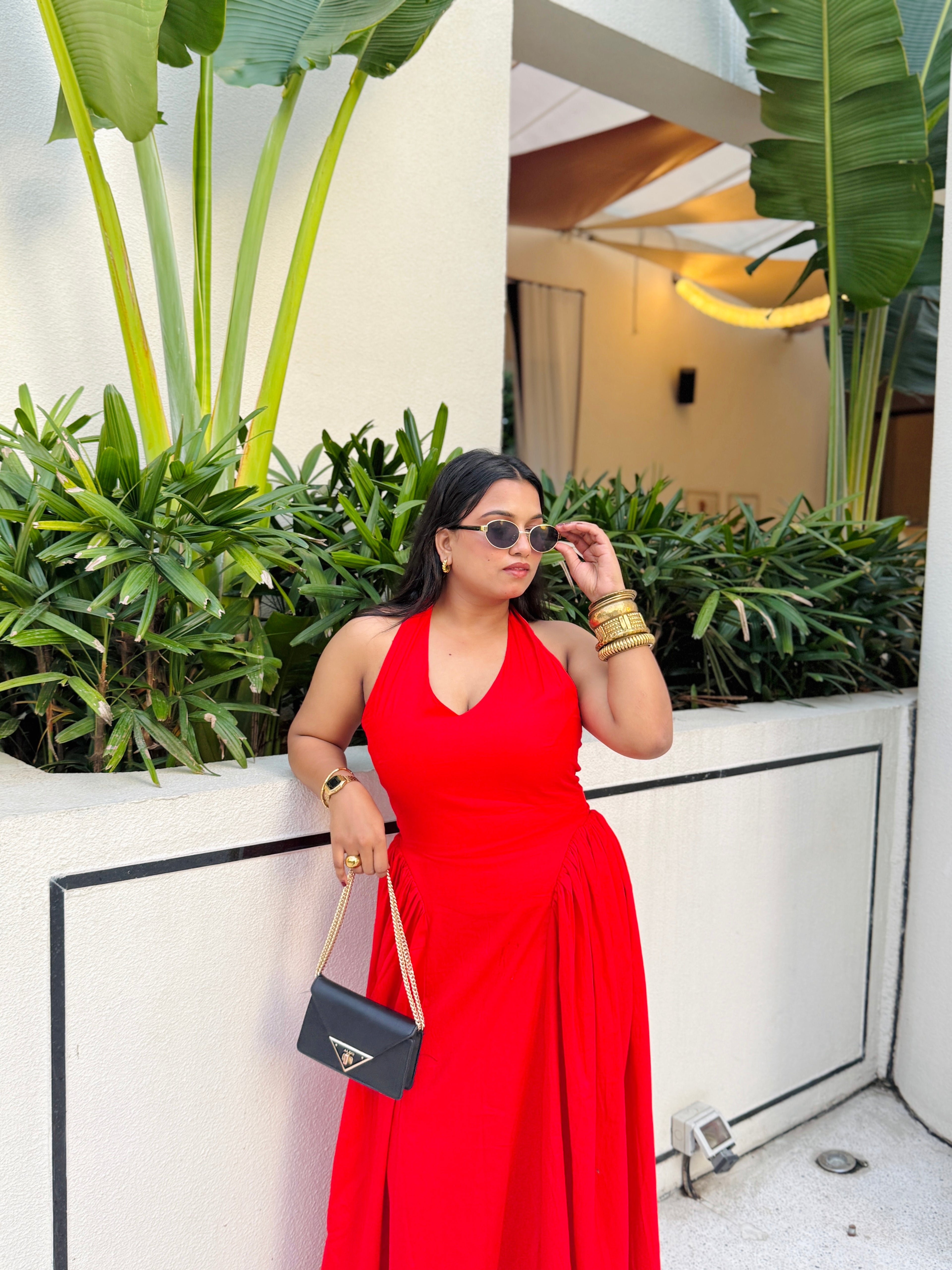 Red Halter Gathered Dress