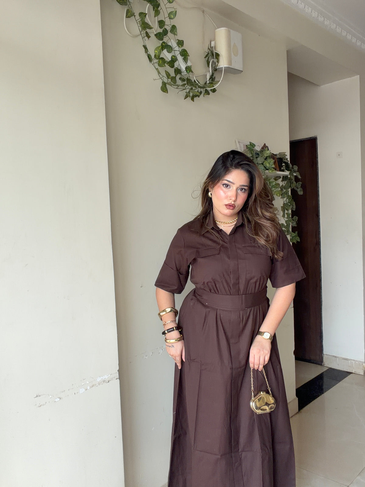 Brown Button  Maxi Dress