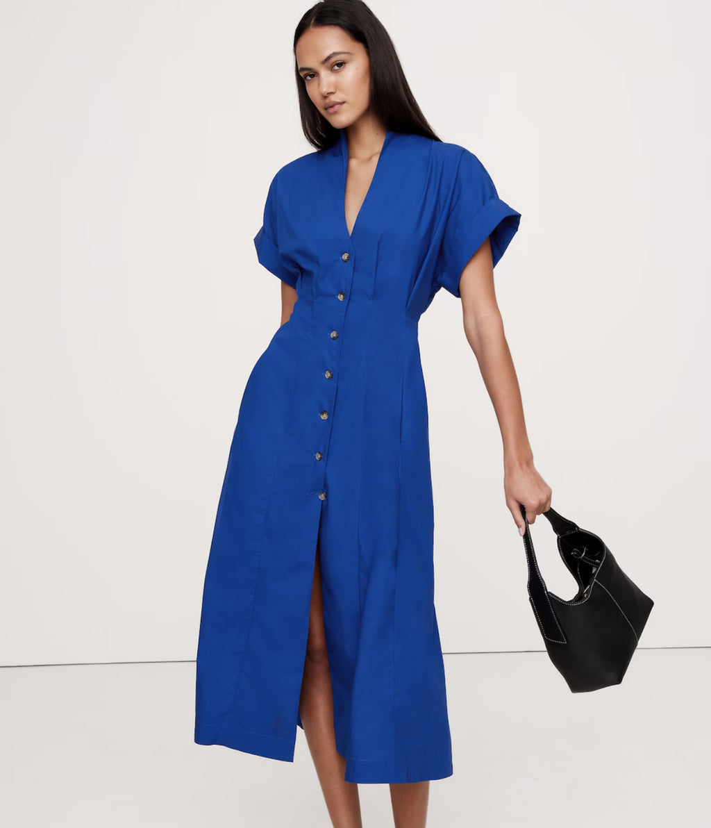 Blue Pleated Buttoned Dress