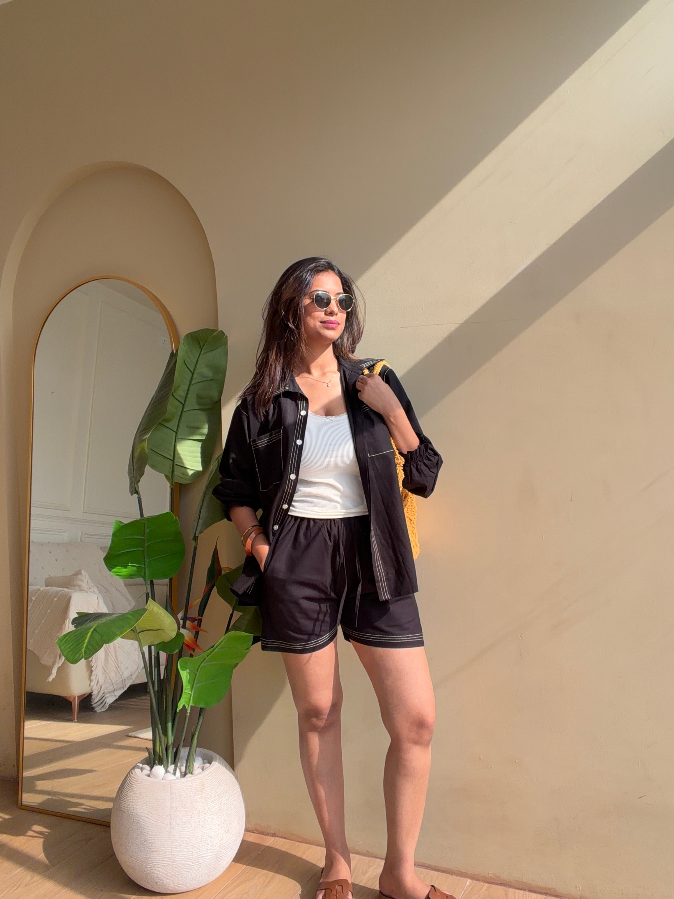 Black Linen Bordered Coord Set