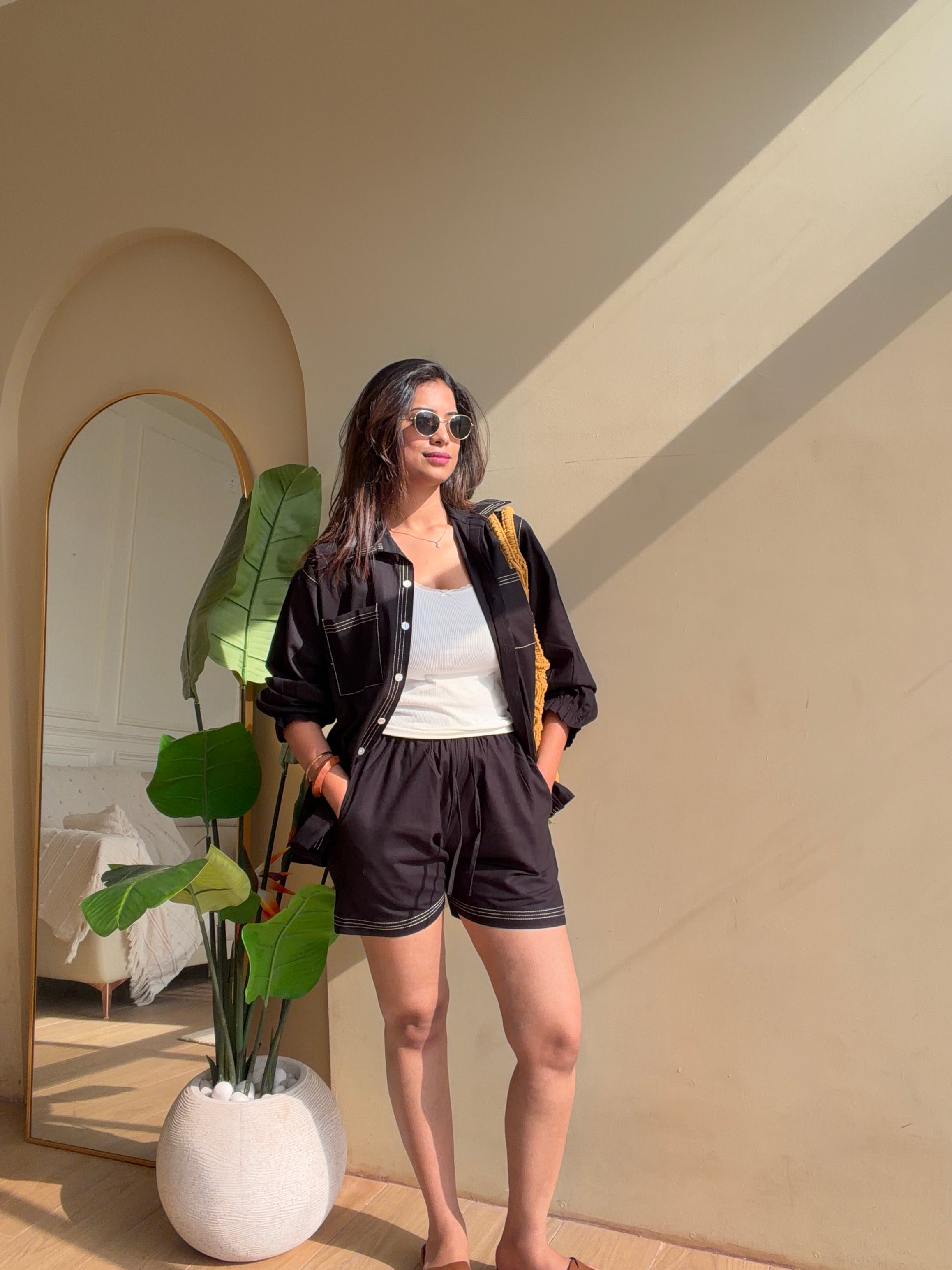 Black Linen Bordered Coord Set