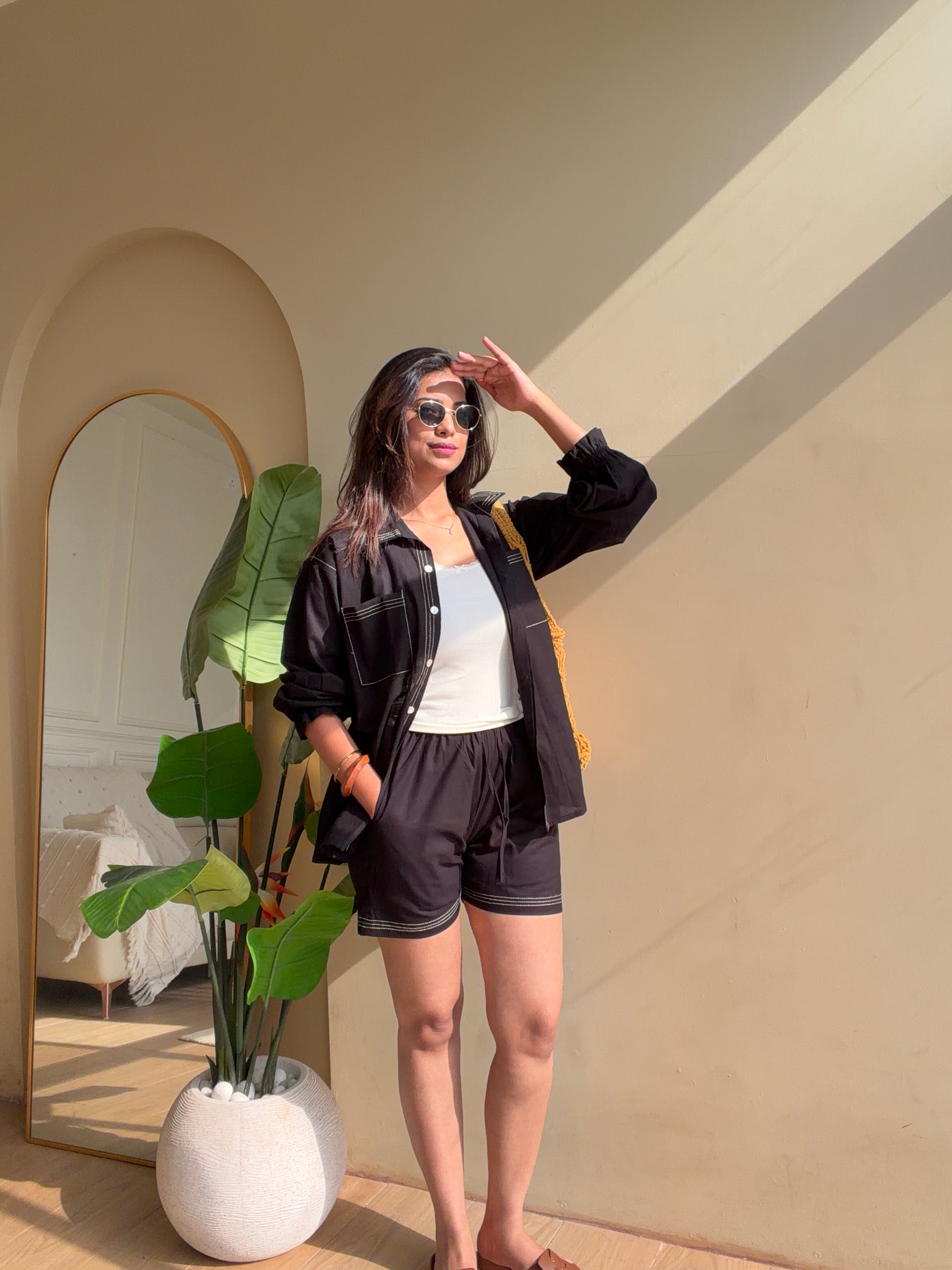 Black Linen Bordered Coord Set