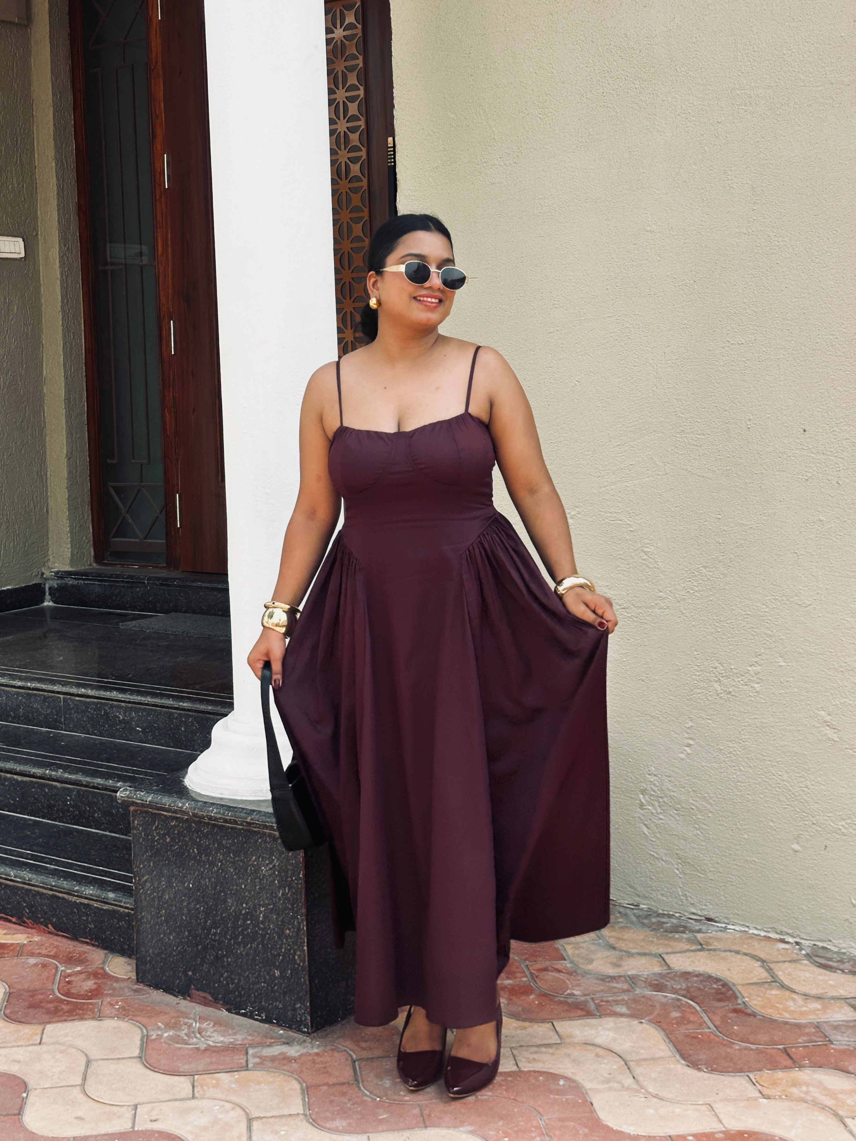 Ameera Wine Corset Gathered Dress