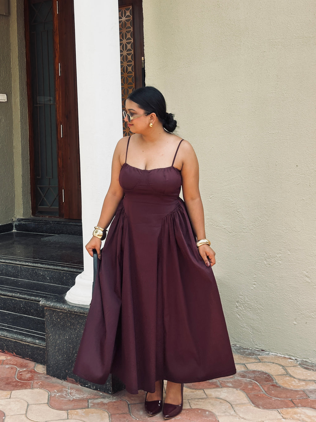 Ameera Wine Corset Gathered Dress