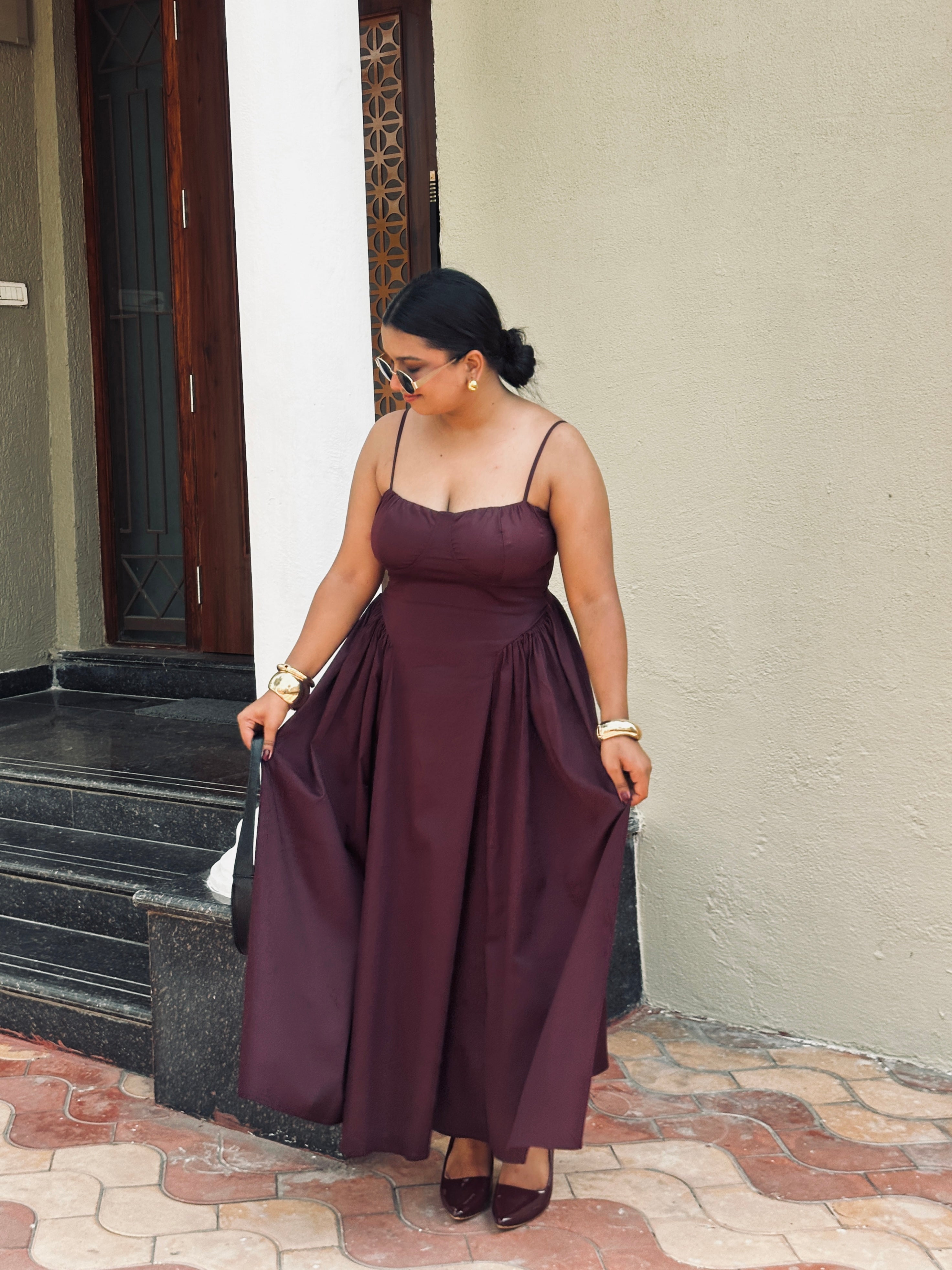 Ameera Wine Corset Gathered Dress